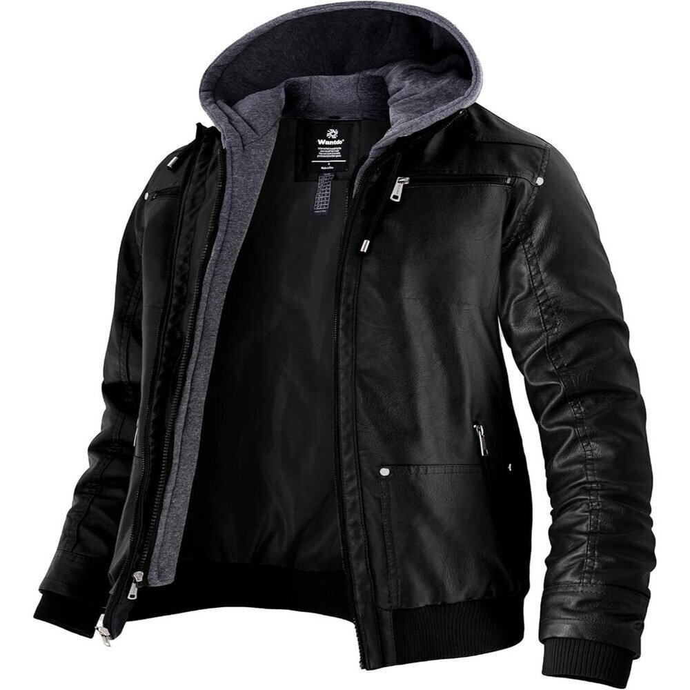 Men Black Lightweight Winter Coat Faux Leather Spring Jacket With Removable Hood